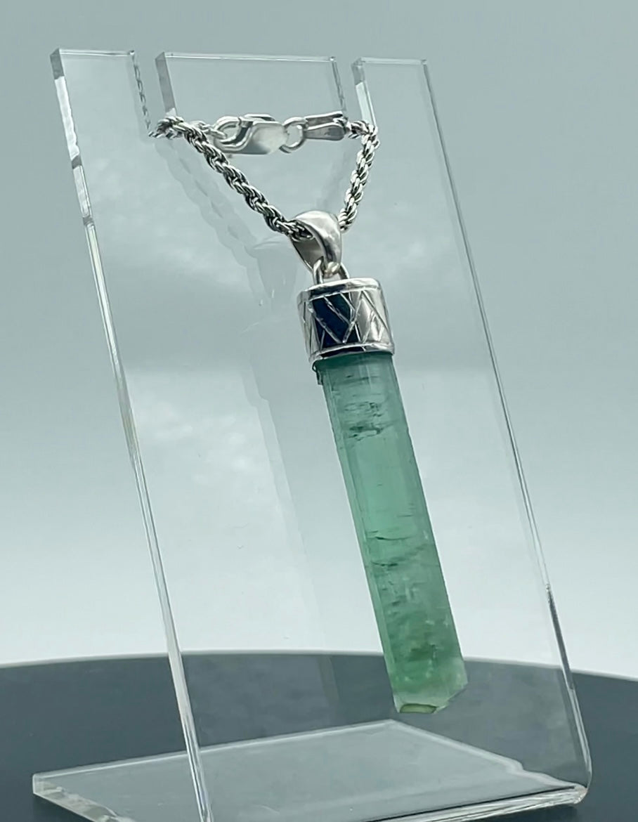 Engraved Silver Cap Crystal Pendant (w/ Tourmaline) #4