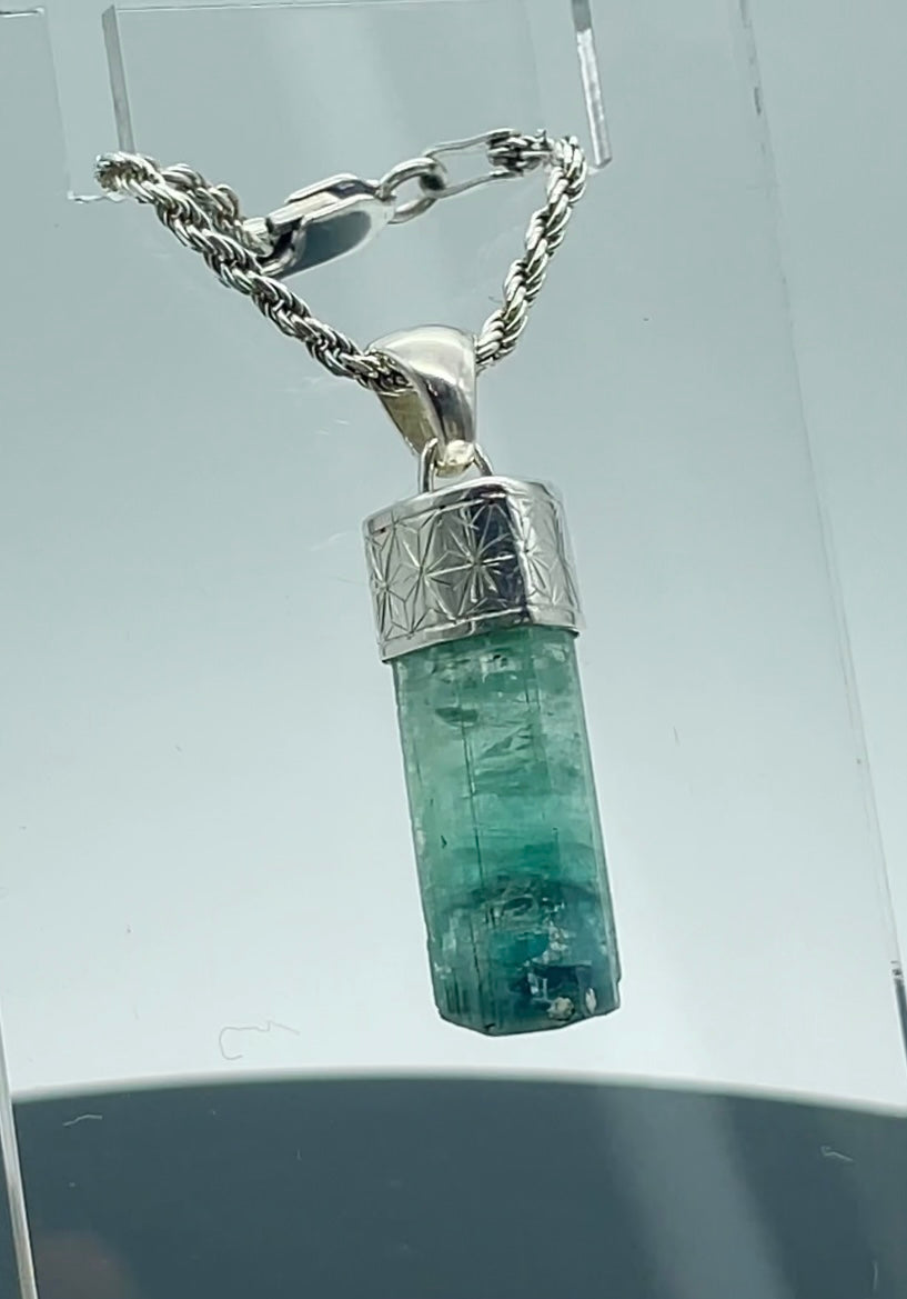 Engraved Silver Cap Crystal Pendant (w/ Tourmaline) #3