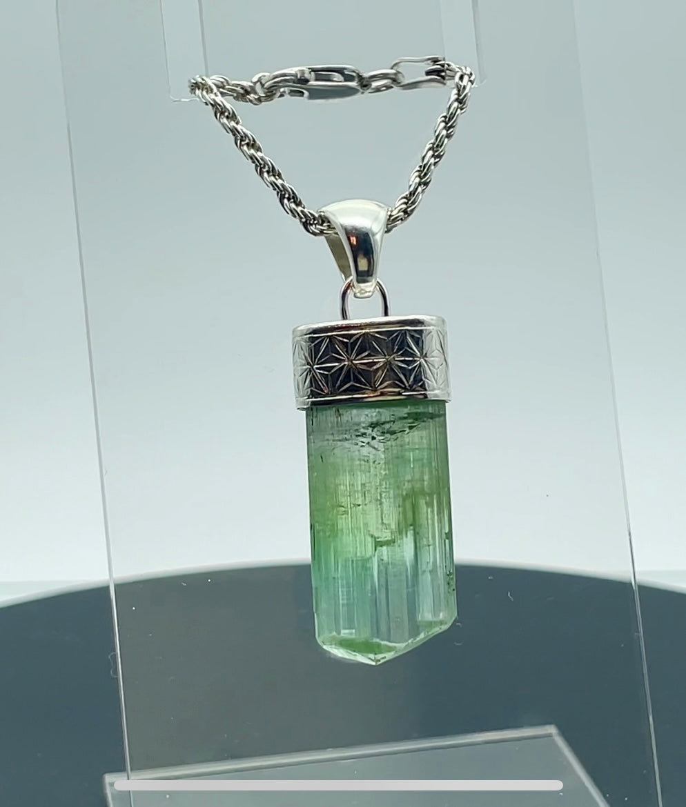Engraved Silver Cap Crystal Pendant (w/ Tourmaline) #2