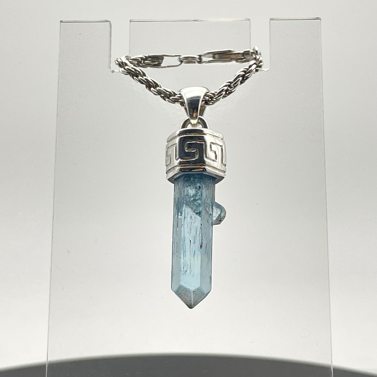 Pendant, Terminated Aquamarine Crystal from Vietnam, Silver w/ Hand Engraved Pattern