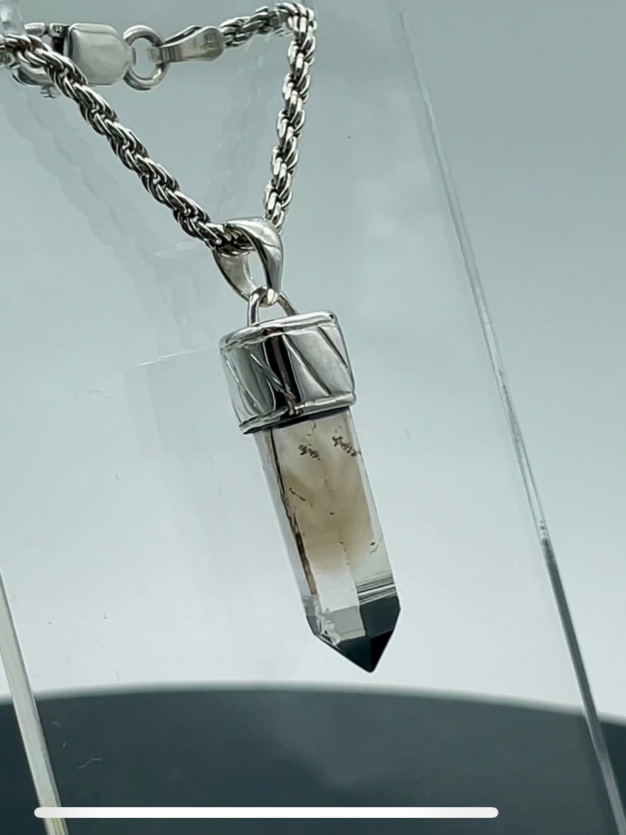 Engraved Silver Cap Crystal Pendant (w/ Smoky Quartz) #2