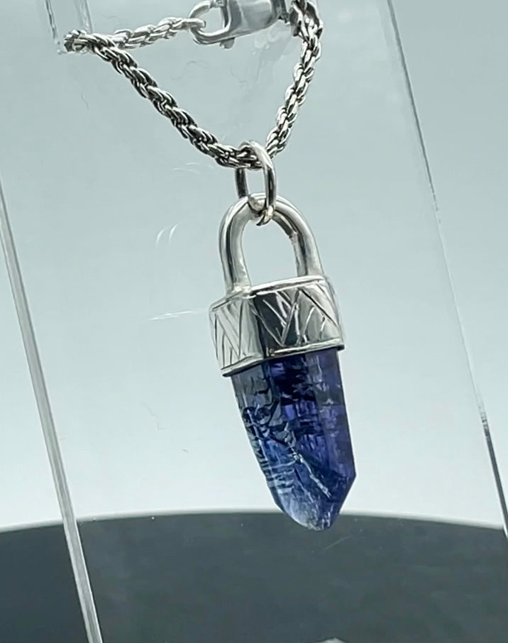 Engraved Silver Cap Crystal Pendant (w/ Tanzanite)