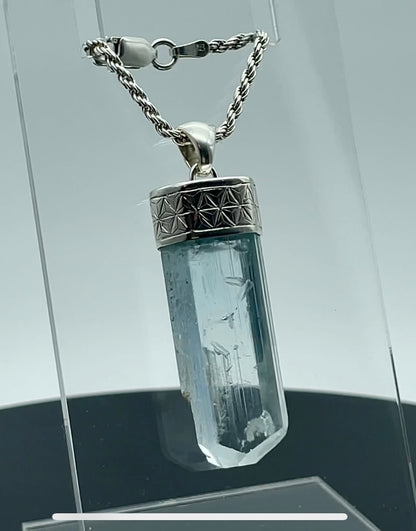 Engraved Silver Cap Crystal Pendant (w/ Pakistani Aquamarine)