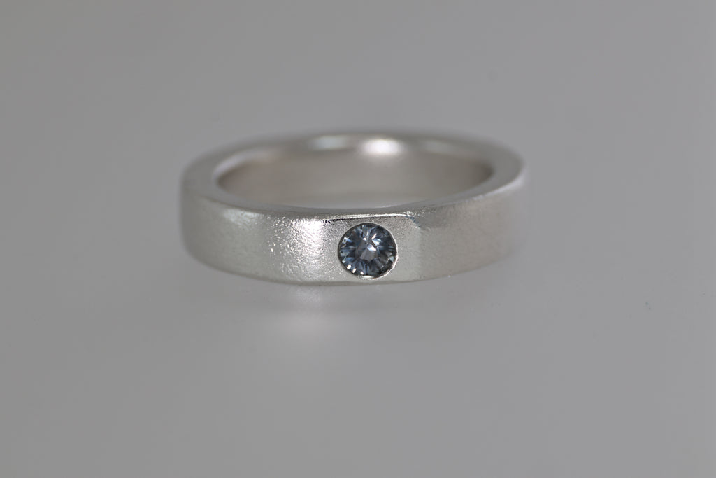 Thick Silver Band w/ Blue Grey Montana Sapphire