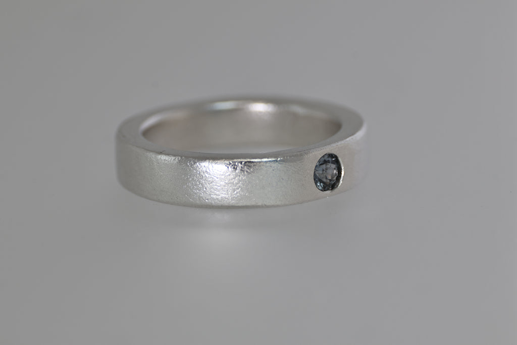 Thick Silver Band w/ Blue Grey Montana Sapphire