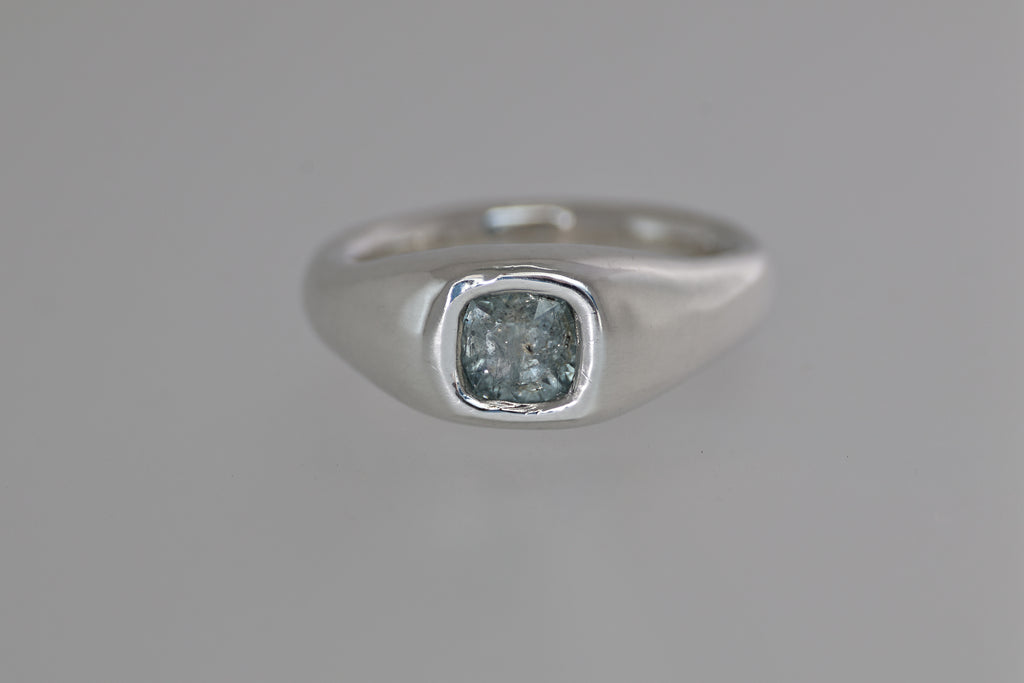 Brushed Silver Signet Ring w/ Green Montana Sapphire