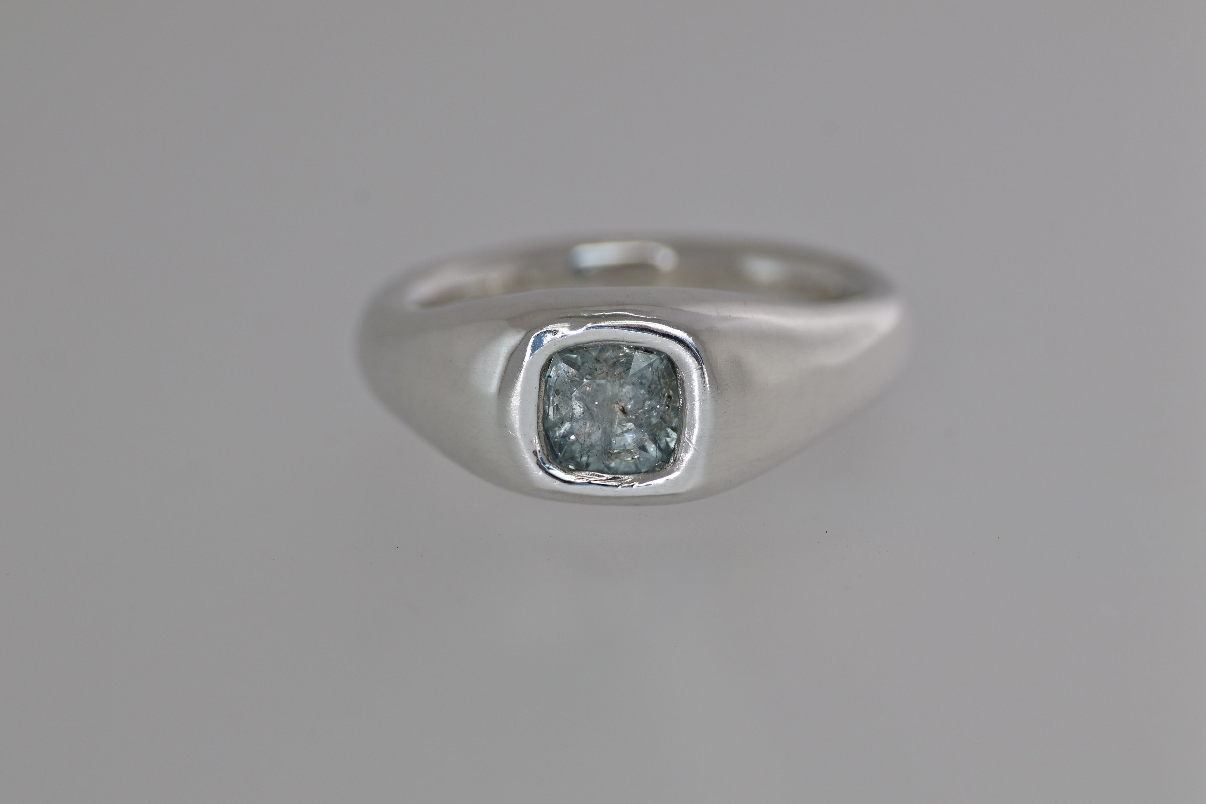 Brushed Silver Signet Ring w/ Green Montana Sapphire