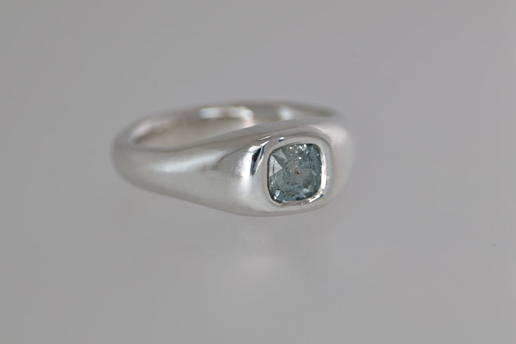 Brushed Silver Signet Ring w/ Green Montana Sapphire