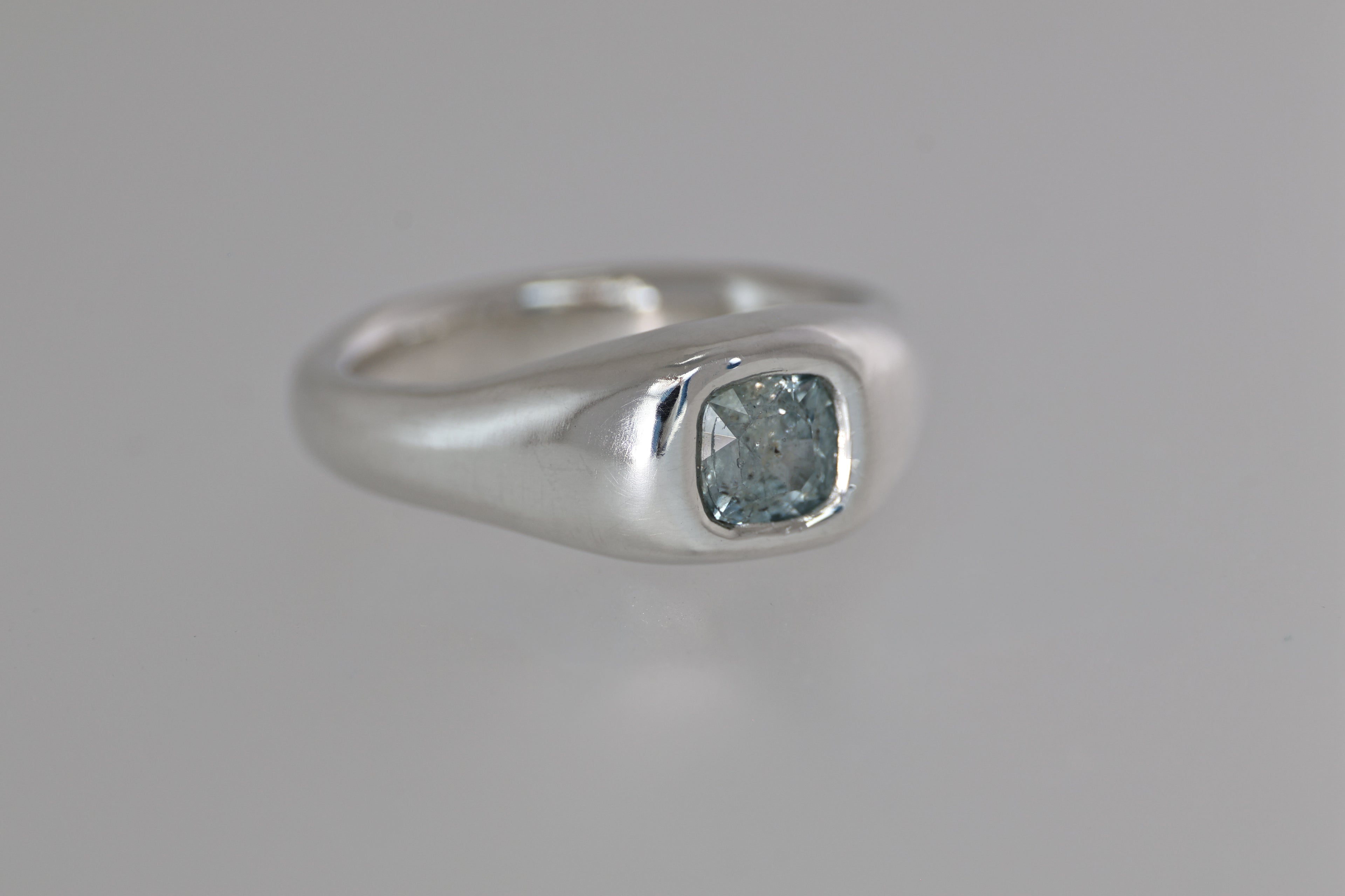 Brushed Silver Signet Ring w/ Green Montana Sapphire