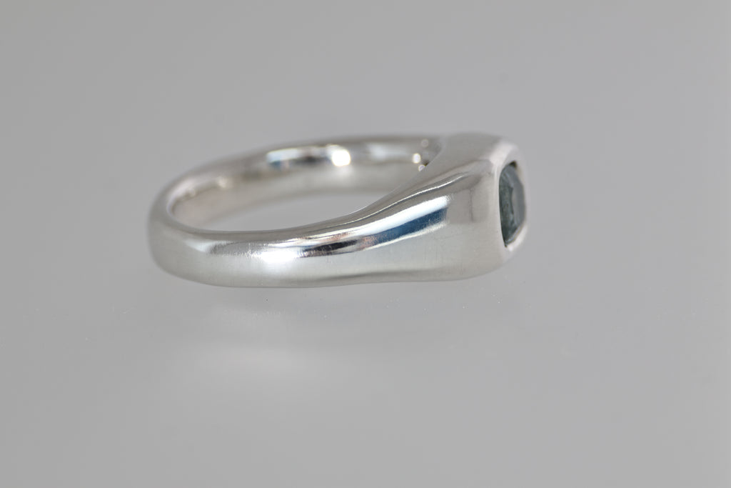 Brushed Silver Signet Ring w/ Green Montana Sapphire