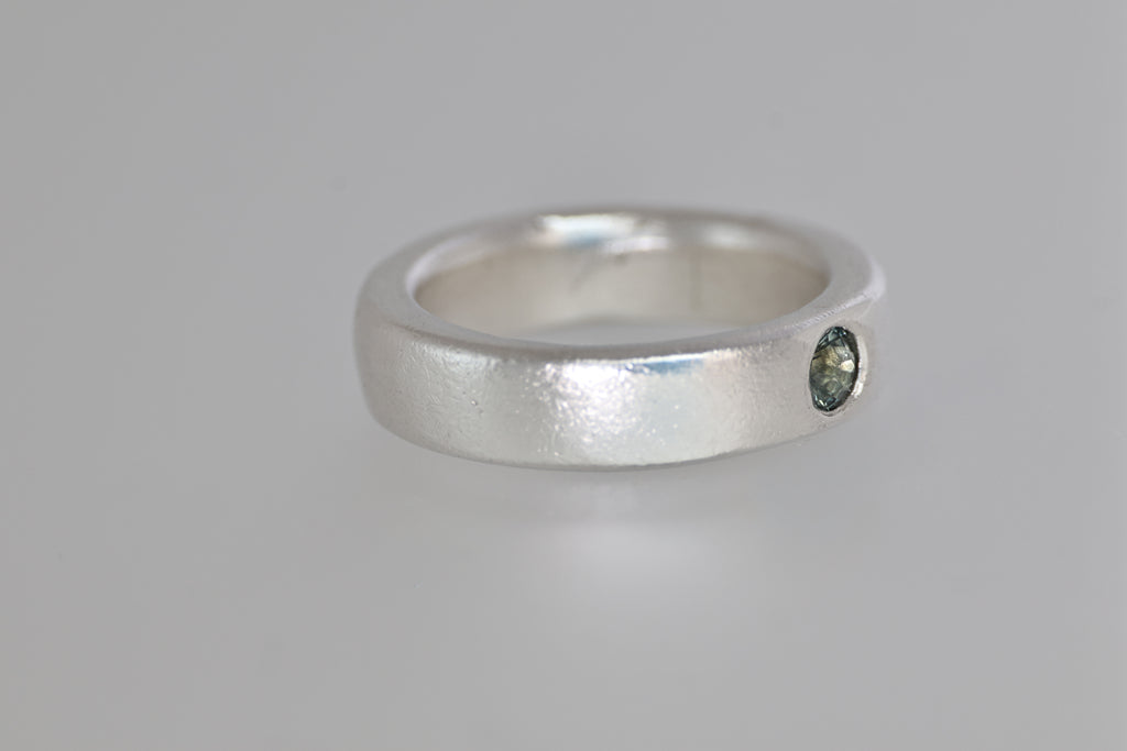 Thick Silver Band w/ Green Montana Sapphire