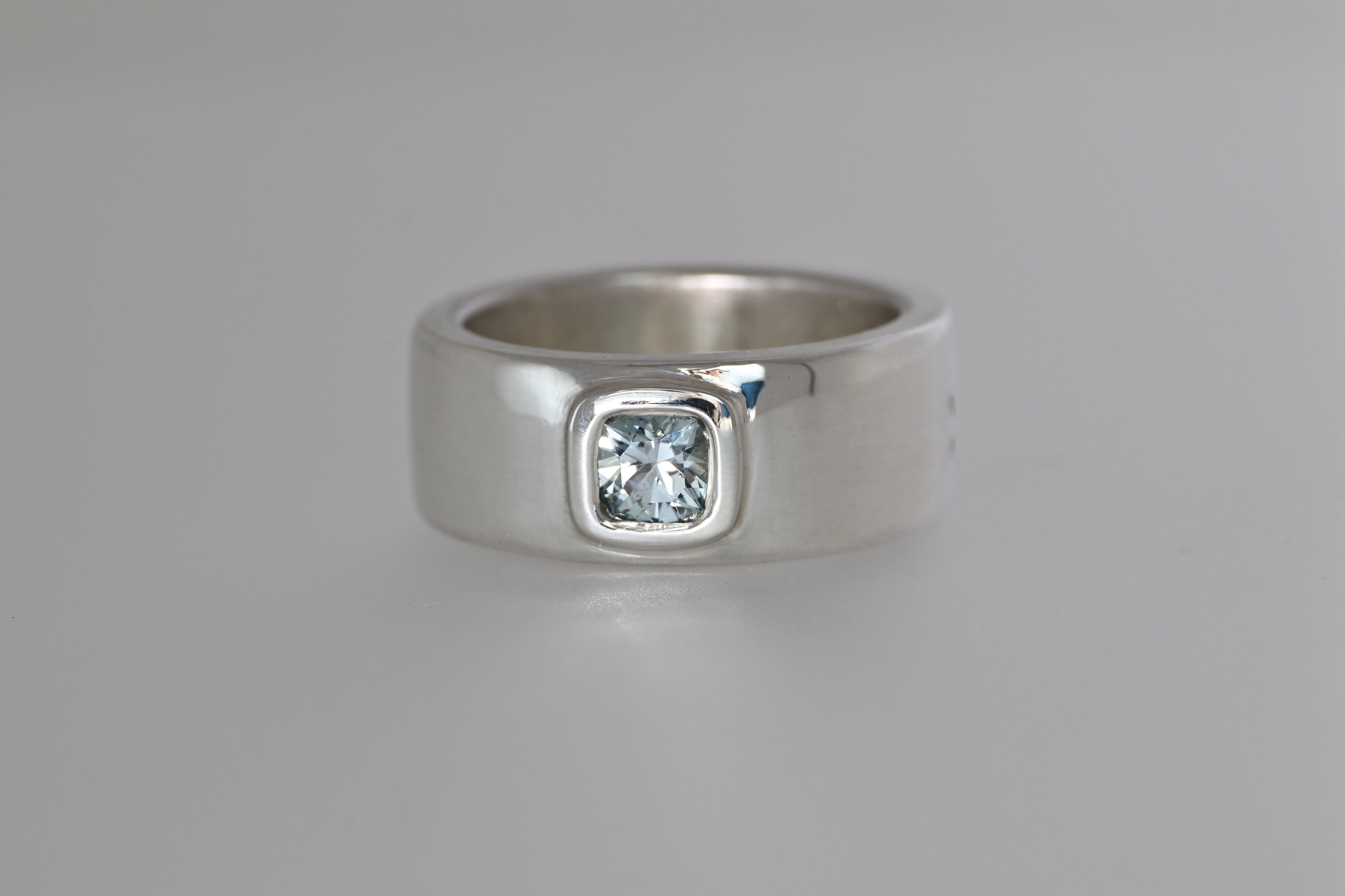 Thick Silver Band w/ Light Blue Montana Sapphire Cushion