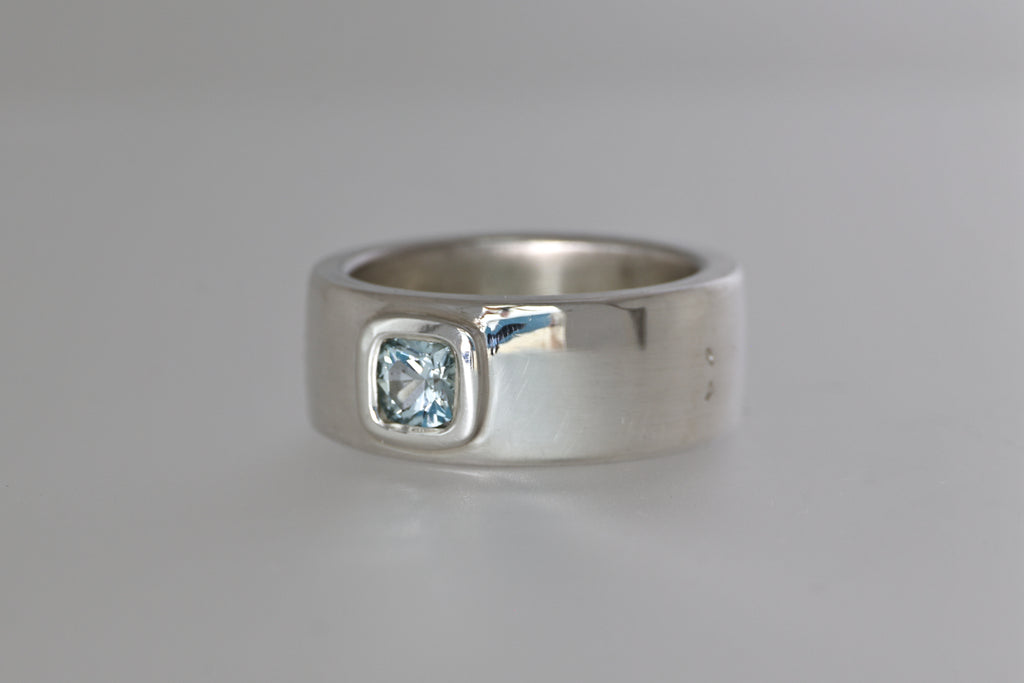 Thick Silver Band w/ Light Blue Montana Sapphire Cushion