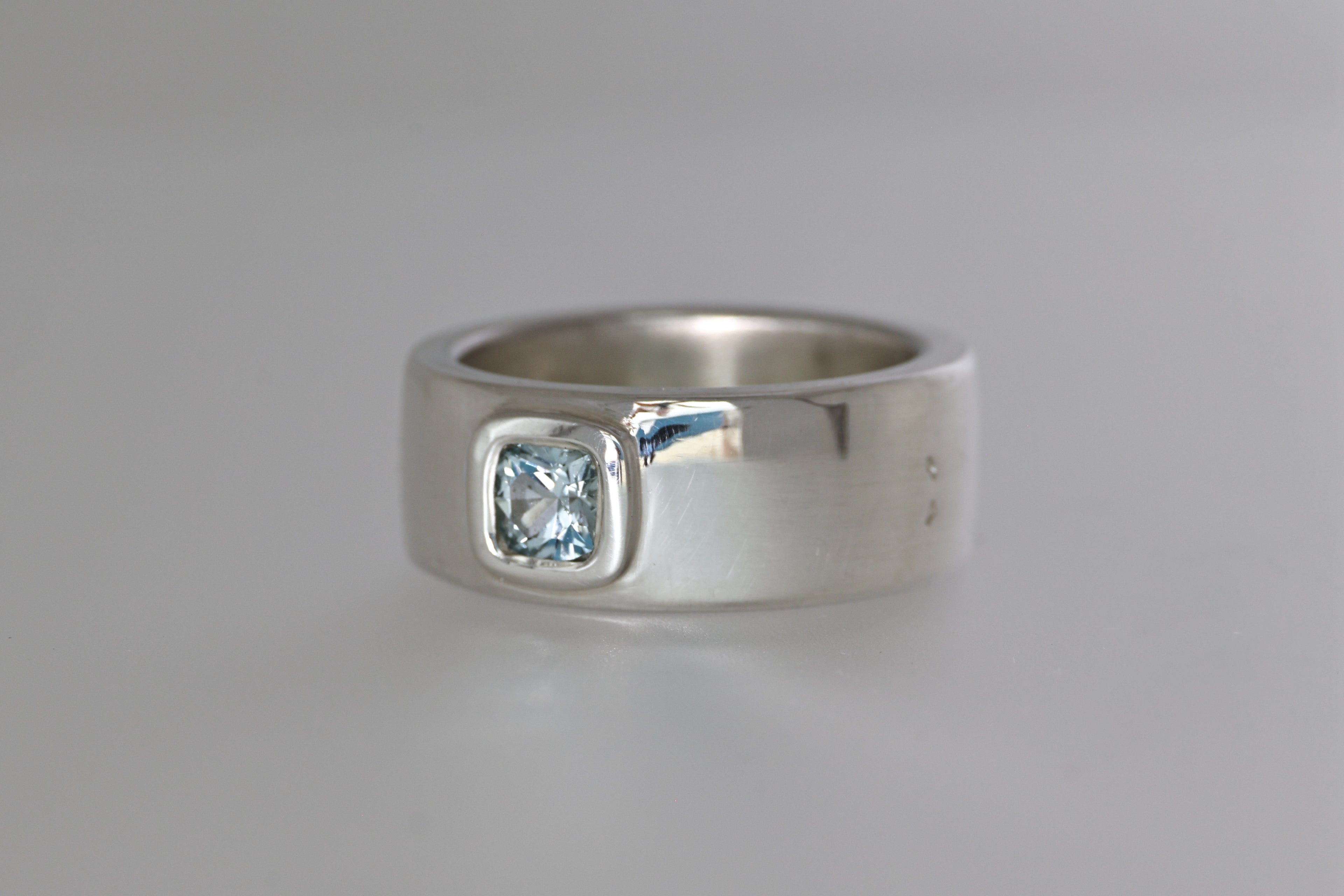 Thick Silver Band w/ Light Blue Montana Sapphire Cushion