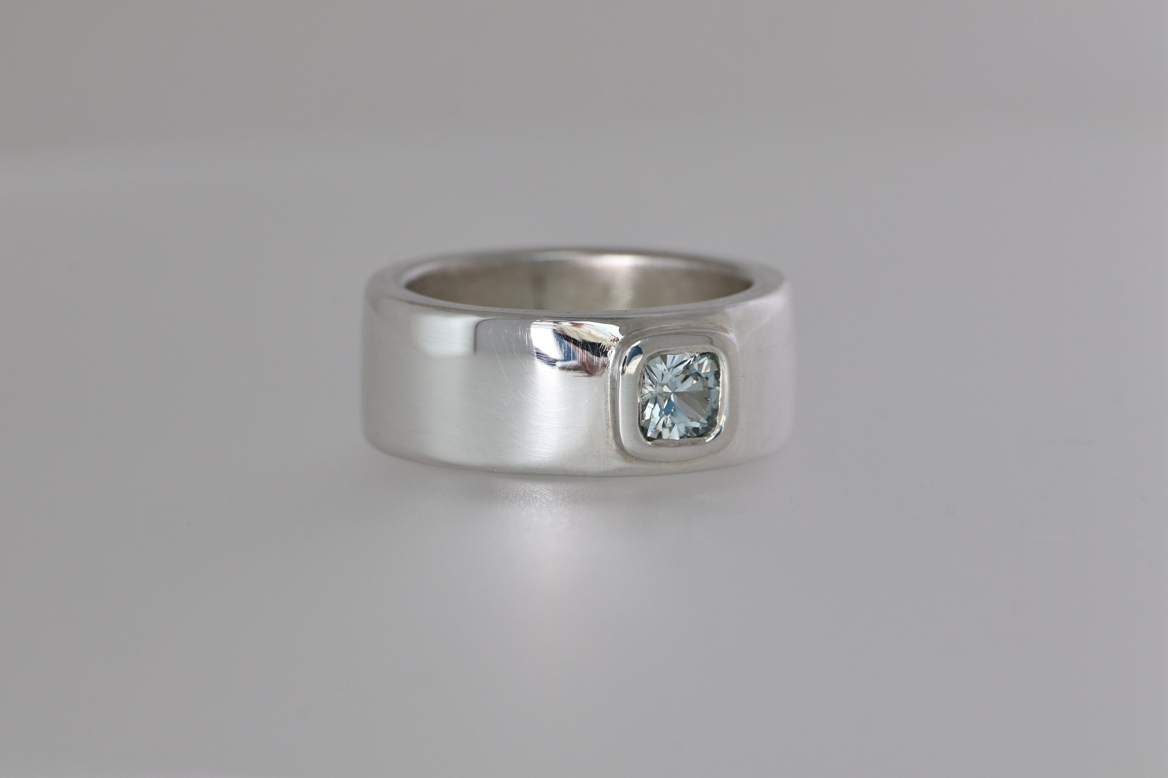 Thick Silver Band w/ Light Blue Montana Sapphire Cushion