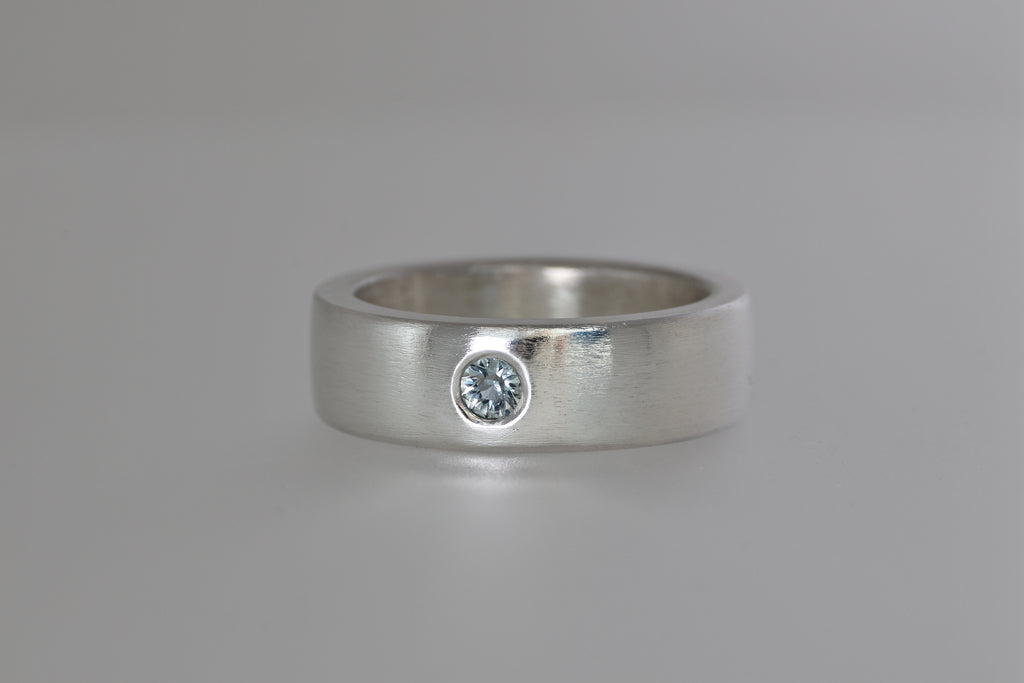 Thick Brushed Silver Band w/ Blue Green Montana Sapphire