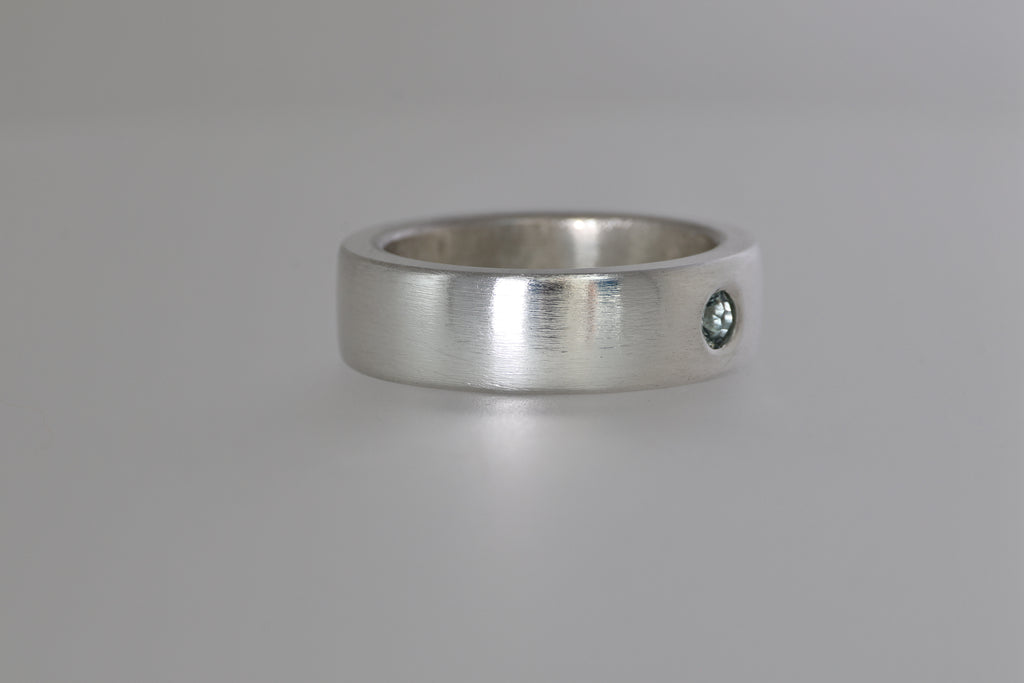 Thick Brushed Silver Band w/ Blue Green Montana Sapphire