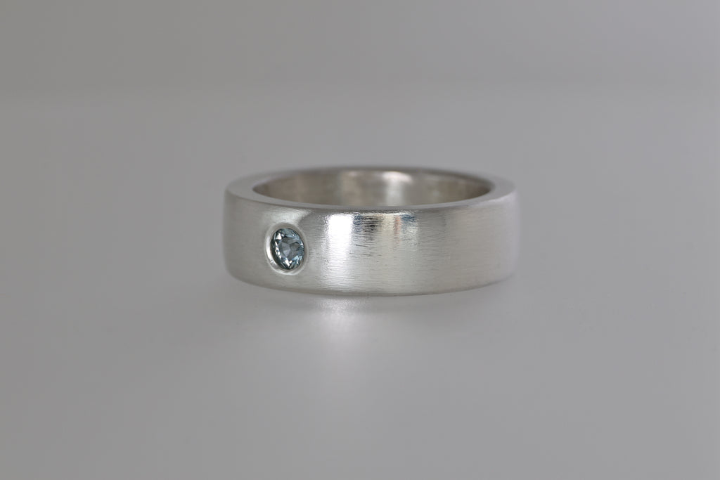 Thick Brushed Silver Band w/ Blue Green Montana Sapphire