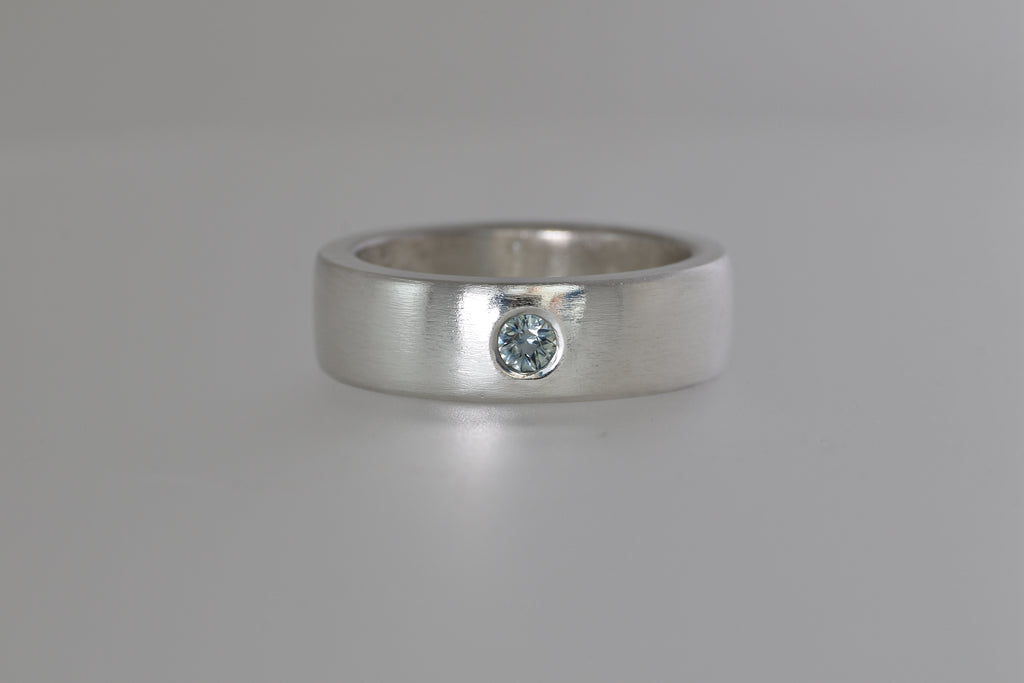 Thick Brushed Silver Band w/ Blue Green Montana Sapphire