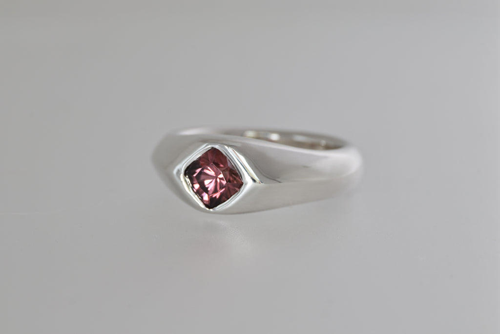 Silver Signet Ring w/ Mozambique Zircon Cushion