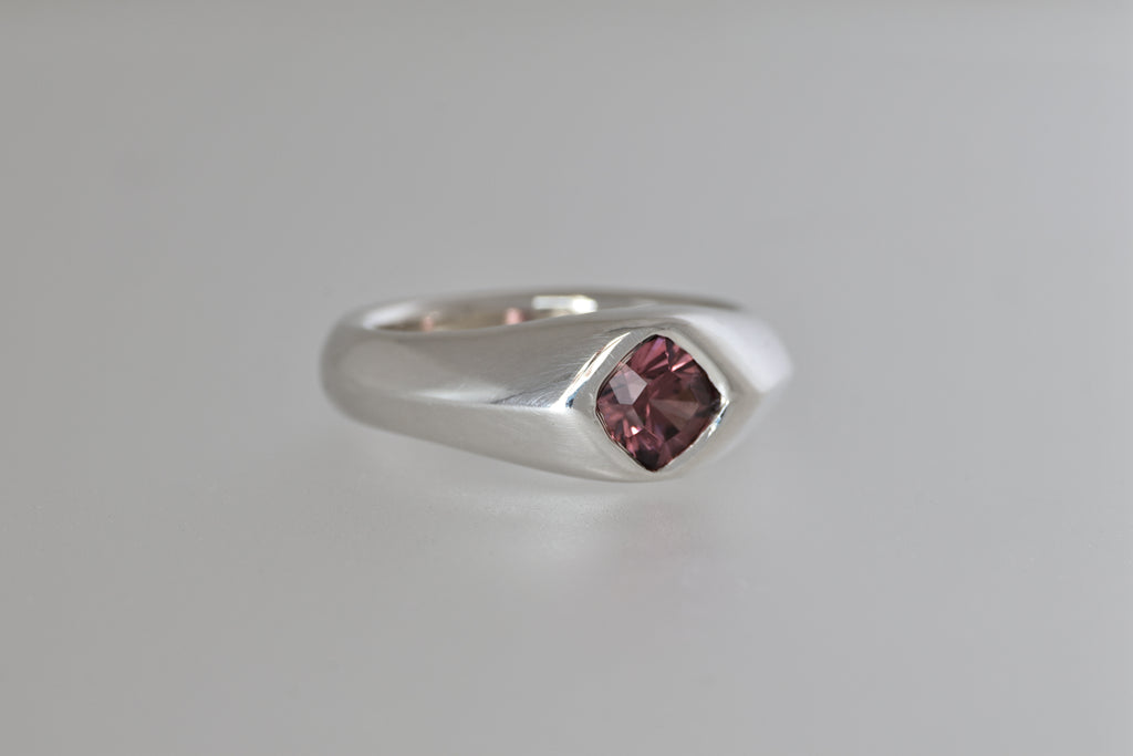 Silver Signet Ring w/ Mozambique Zircon Cushion