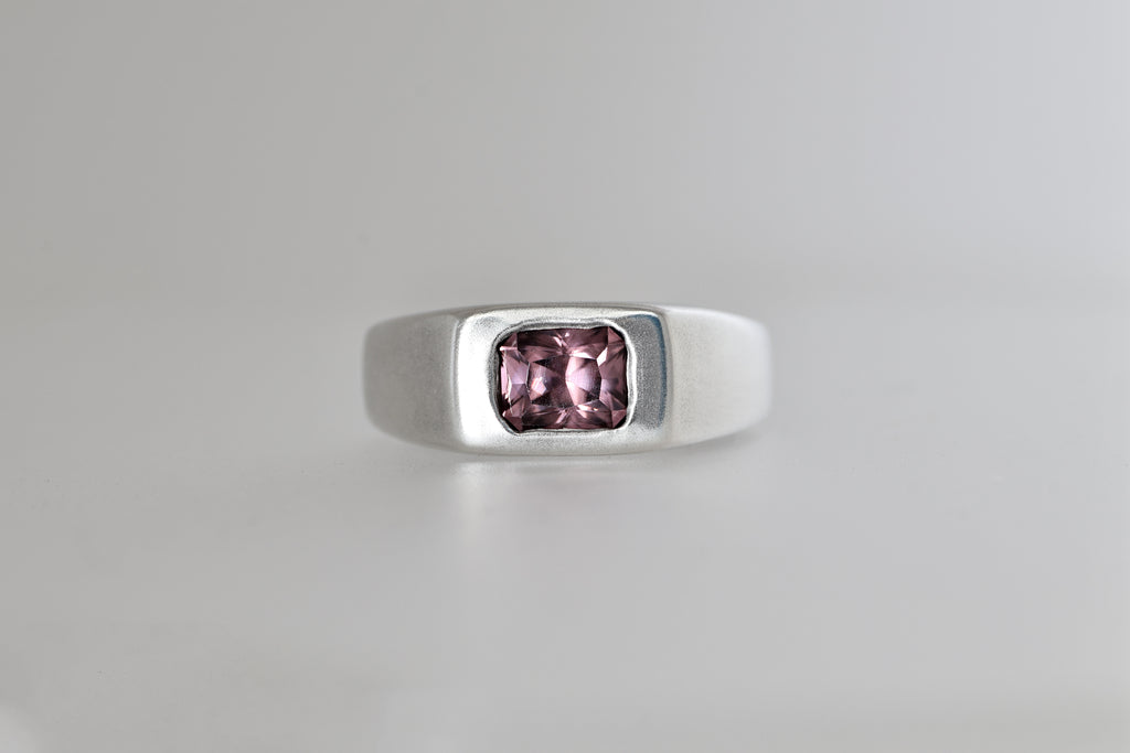 Brushed sterling silver signet ring with lavender Mozambique zircon emerald cut, view 5