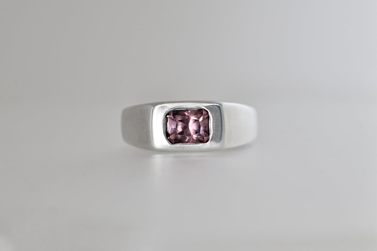 Brushed sterling silver signet ring with lavender Mozambique zircon emerald cut, view 5