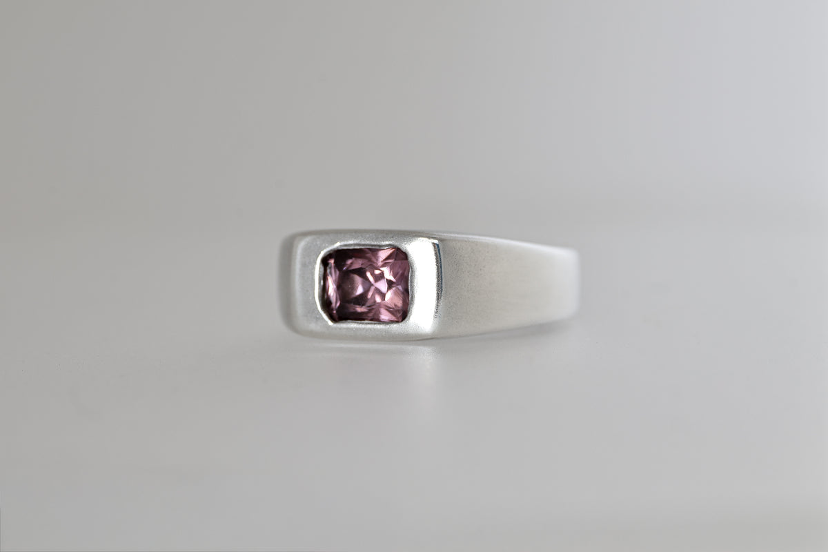 Brushed sterling silver signet ring with lavender Mozambique zircon emerald cut, view 6