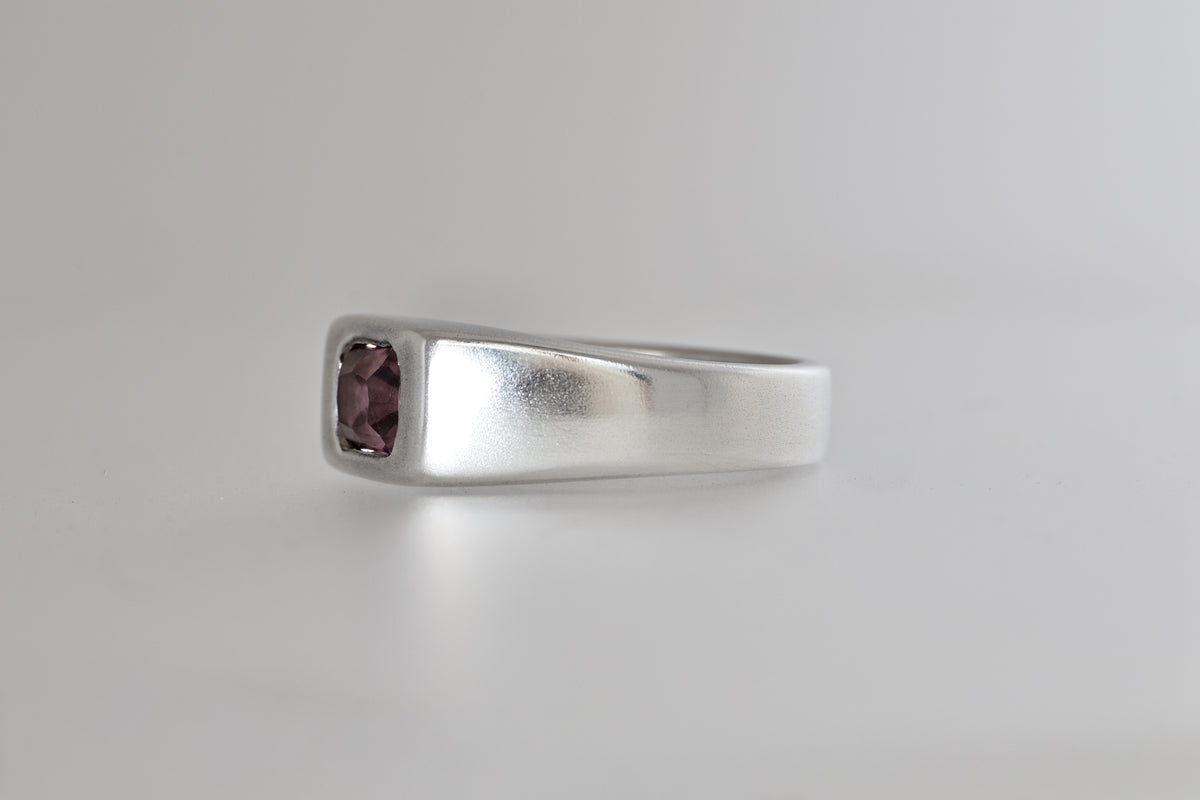 Brushed sterling silver signet ring with lavender Mozambique zircon emerald cut, view 7