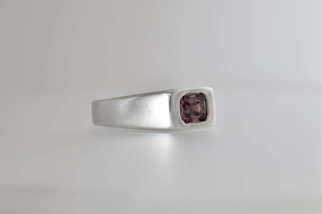 Brushed sterling silver signet ring with lavender Mozambique zircon emerald cut, view 2