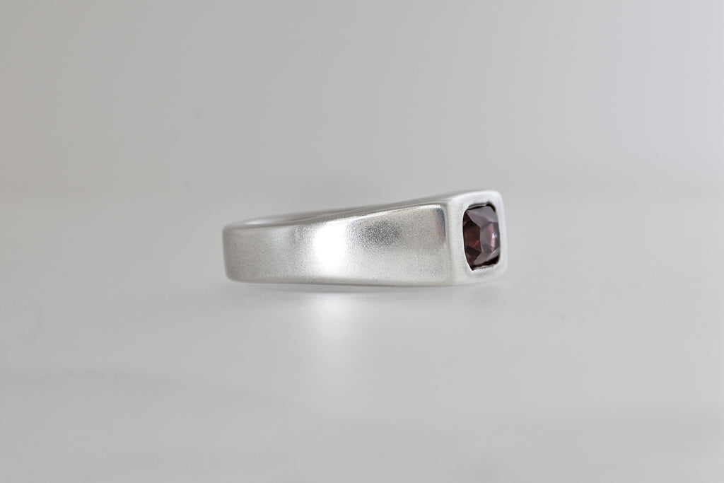 Brushed sterling silver signet ring with lavender Mozambique zircon emerald cut, view 3