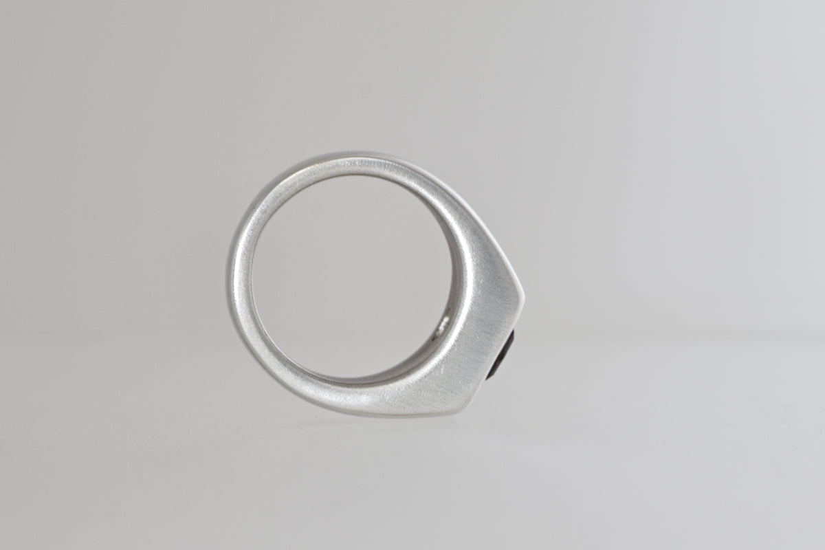 Brushed sterling silver signet ring with lavender Mozambique zircon emerald cut, view 4