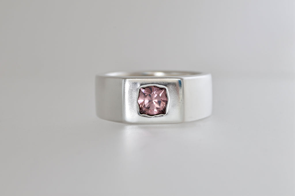 Brushed sterling silver signet ring with mauve pink Mozambique zircon cushion, view 5