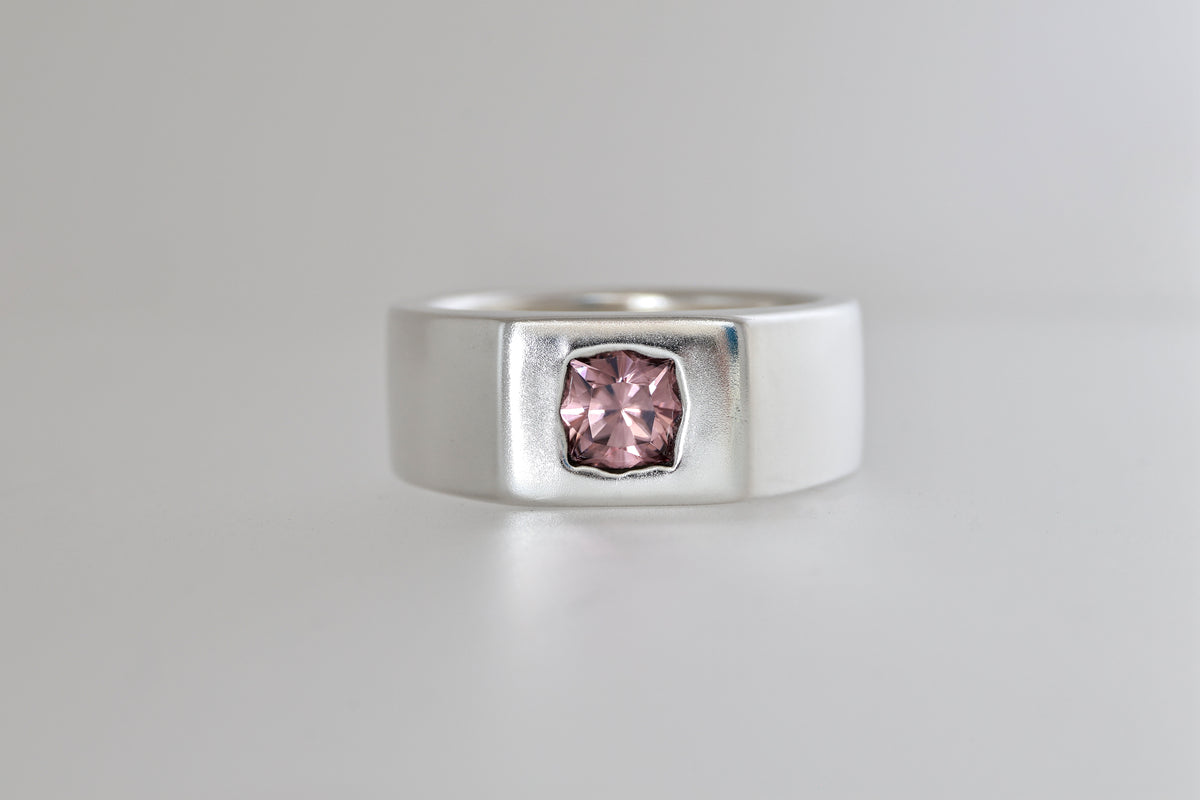 Brushed sterling silver signet ring with mauve pink Mozambique zircon cushion, view 5