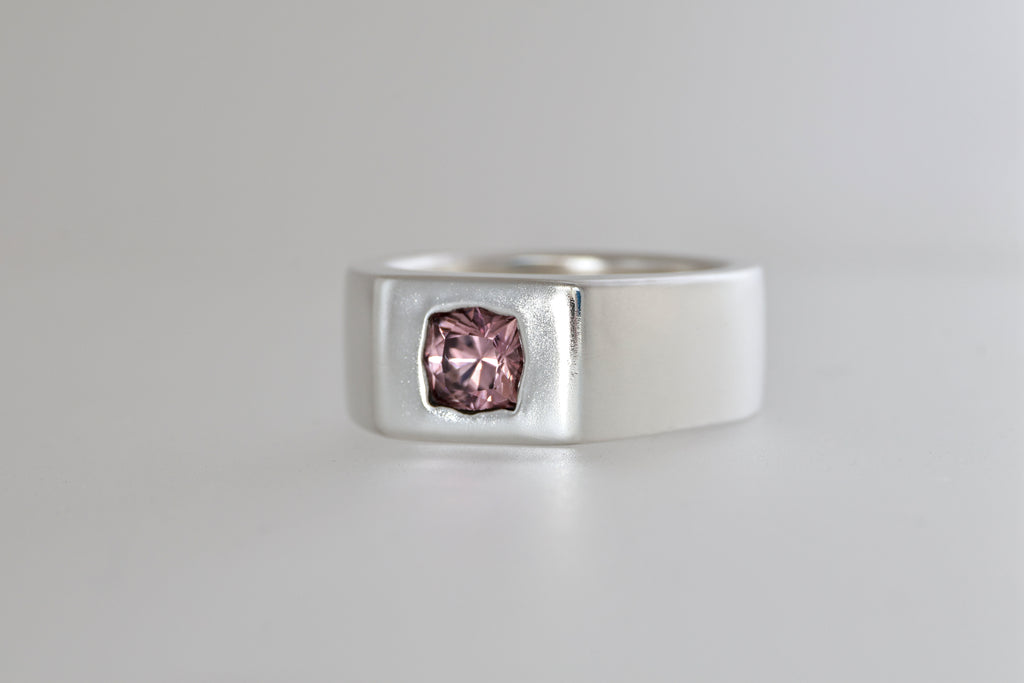 Brushed sterling silver signet ring with mauve pink Mozambique zircon cushion, view 6