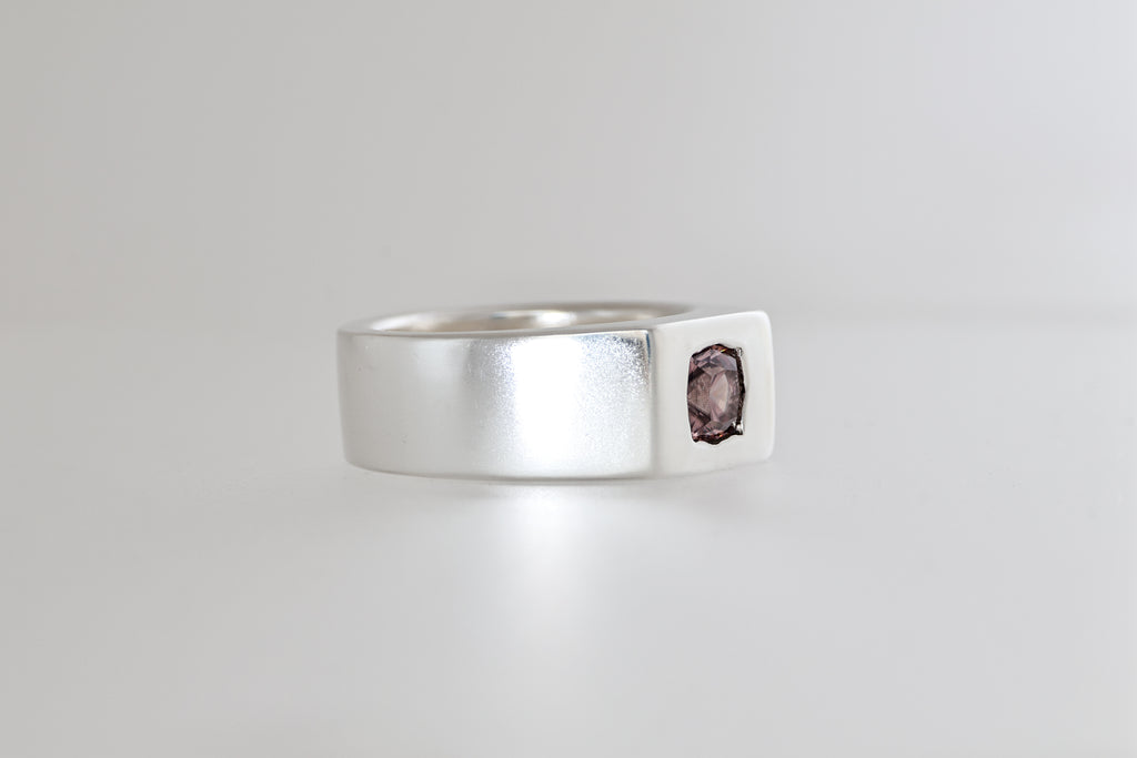 Brushed sterling silver signet ring with mauve pink Mozambique zircon cushion, view 3
