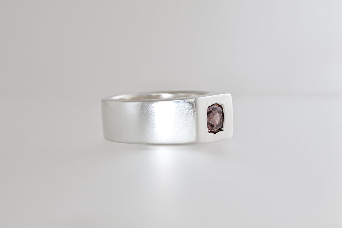 Brushed sterling silver signet ring with mauve pink Mozambique zircon cushion, view 3
