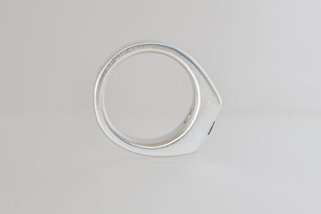 Brushed sterling silver signet ring with mauve pink Mozambique zircon cushion, view 4