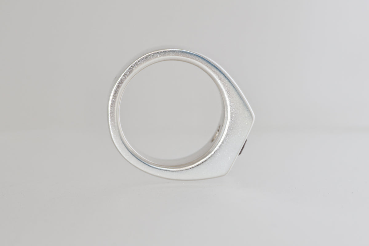 Brushed sterling silver signet ring with mauve pink Mozambique zircon cushion, view 4