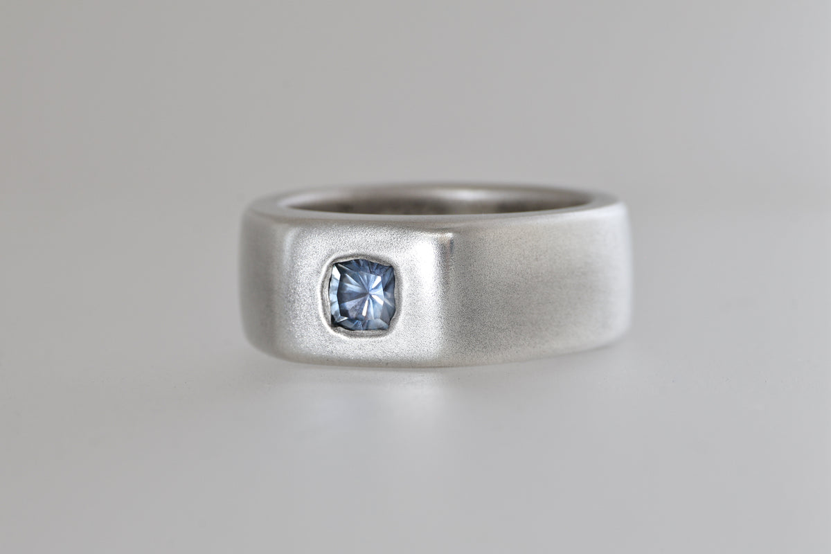 Satin sterling silver signet ring with light blue Umba sapphire cushion, view 2
