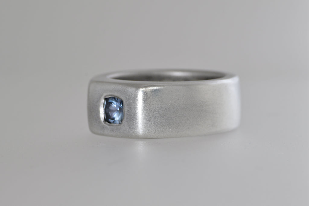 Satin sterling silver signet ring with light blue Umba sapphire cushion, view 3