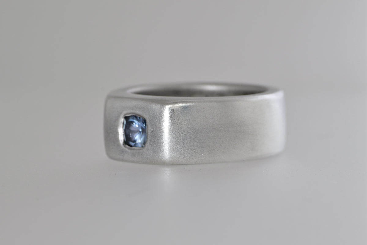 Satin sterling silver signet ring with light blue Umba sapphire cushion, view 3