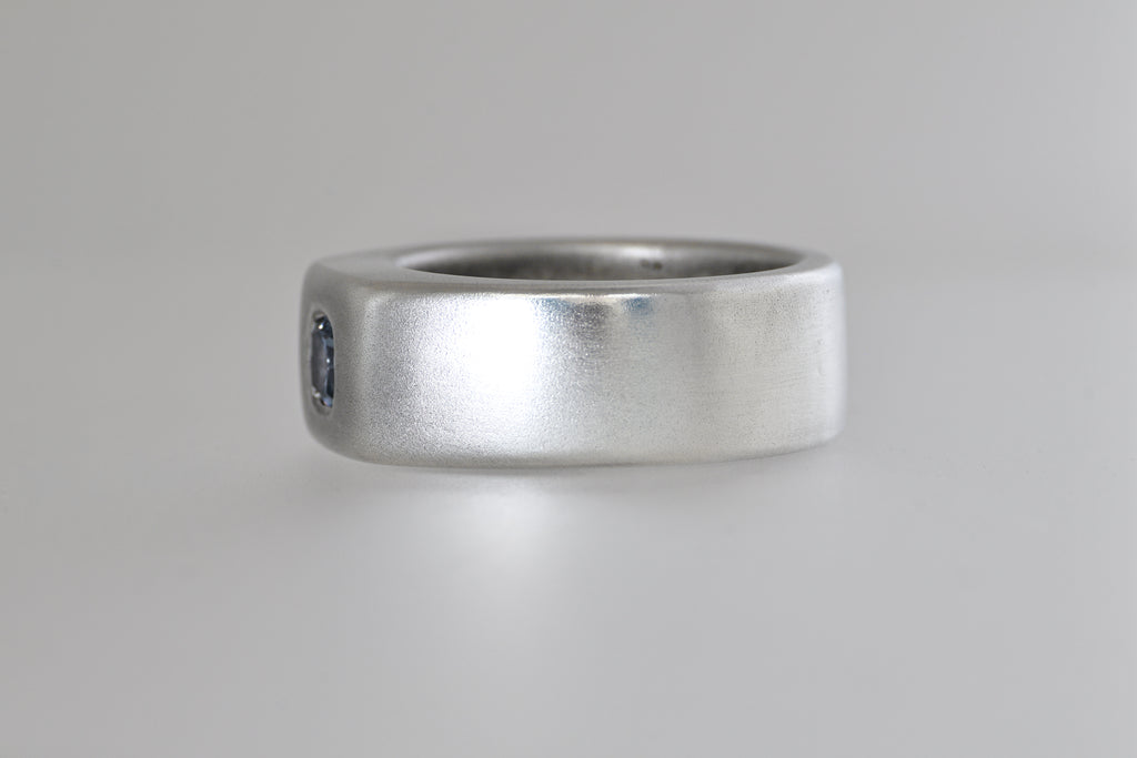 Satin sterling silver signet ring with light blue Umba sapphire cushion, view 4