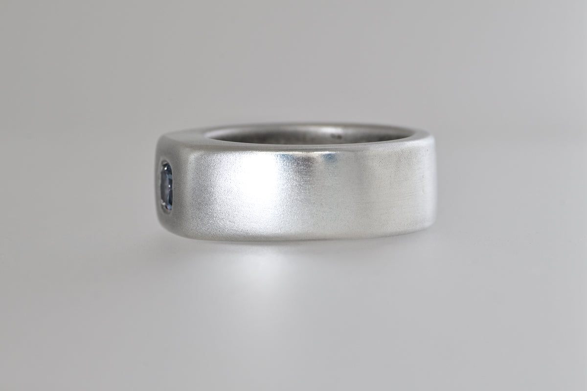 Satin sterling silver signet ring with light blue Umba sapphire cushion, view 4