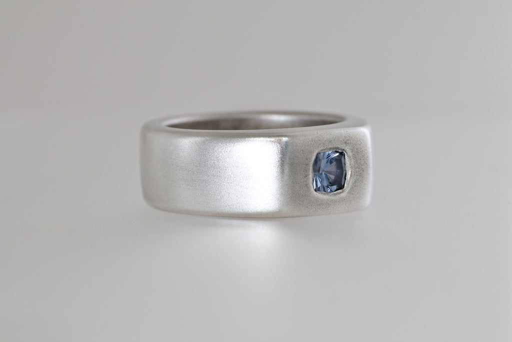 Satin sterling silver signet ring with light blue Umba sapphire cushion, view 7
