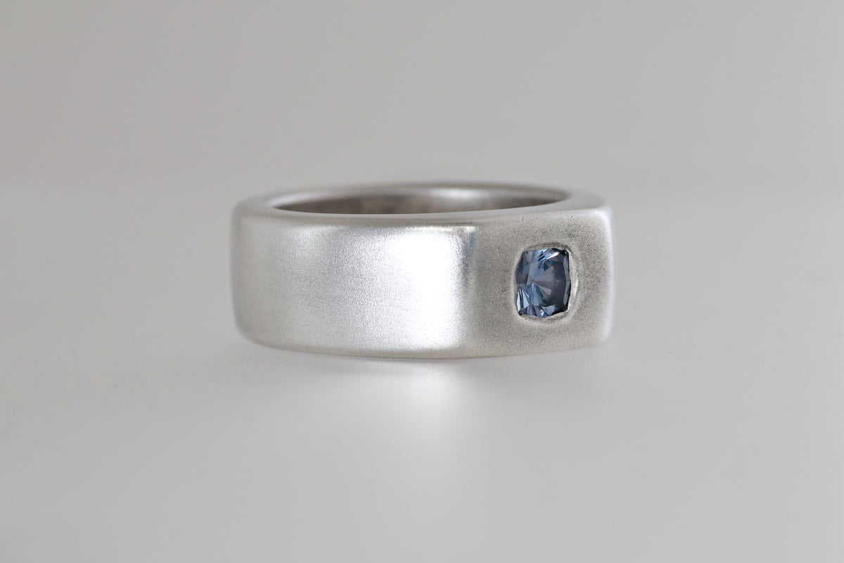 Satin sterling silver signet ring with light blue Umba sapphire cushion, view 7