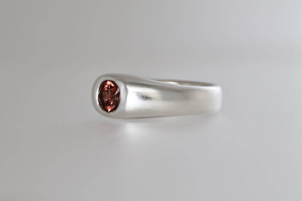 Brushed sterling silver signet ring with red-orange Malaya garnet, view 2