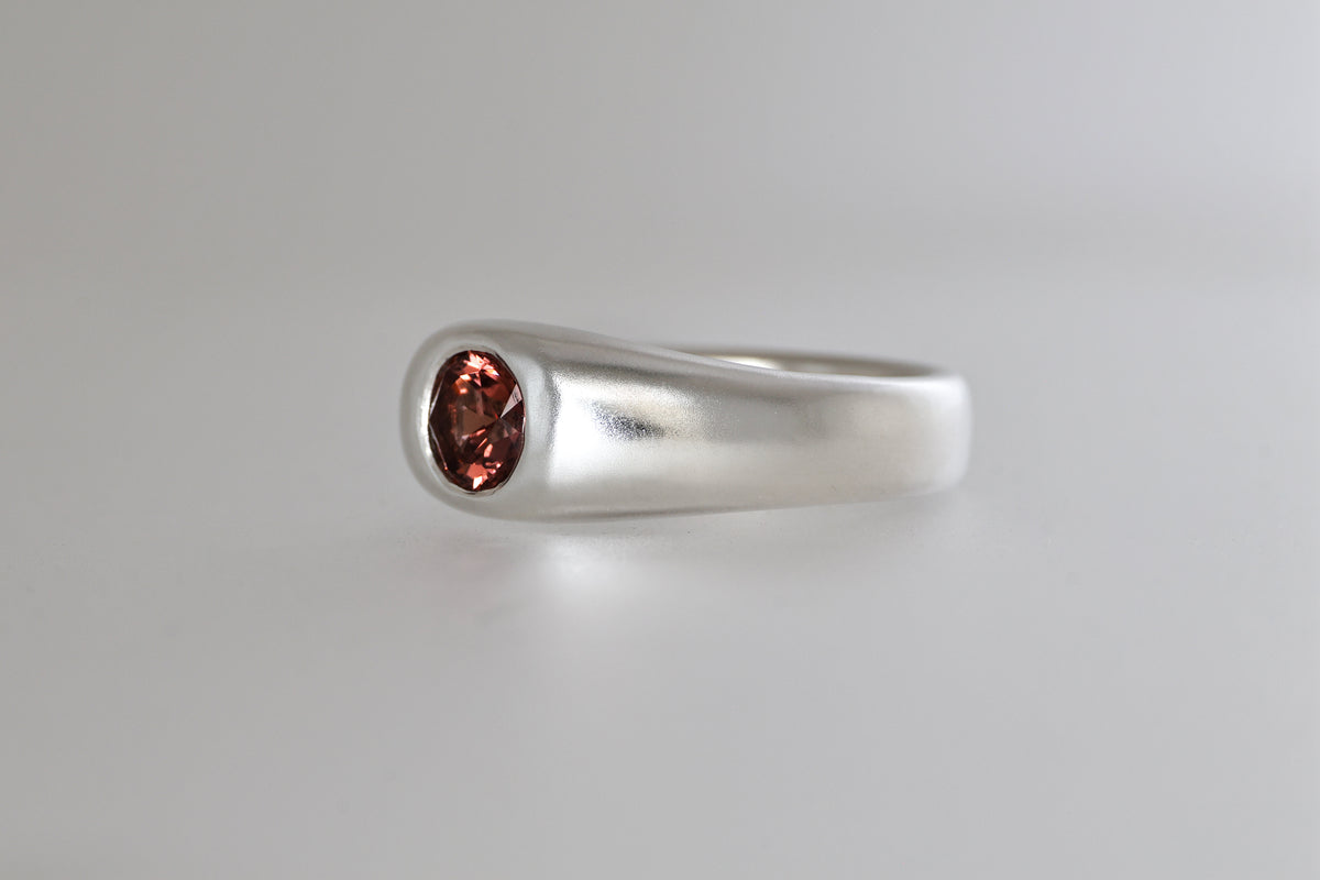 Brushed sterling silver signet ring with red-orange Malaya garnet, view 2