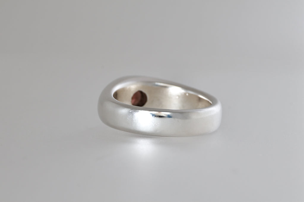 Brushed sterling silver signet ring with red-orange Malaya garnet, view 4