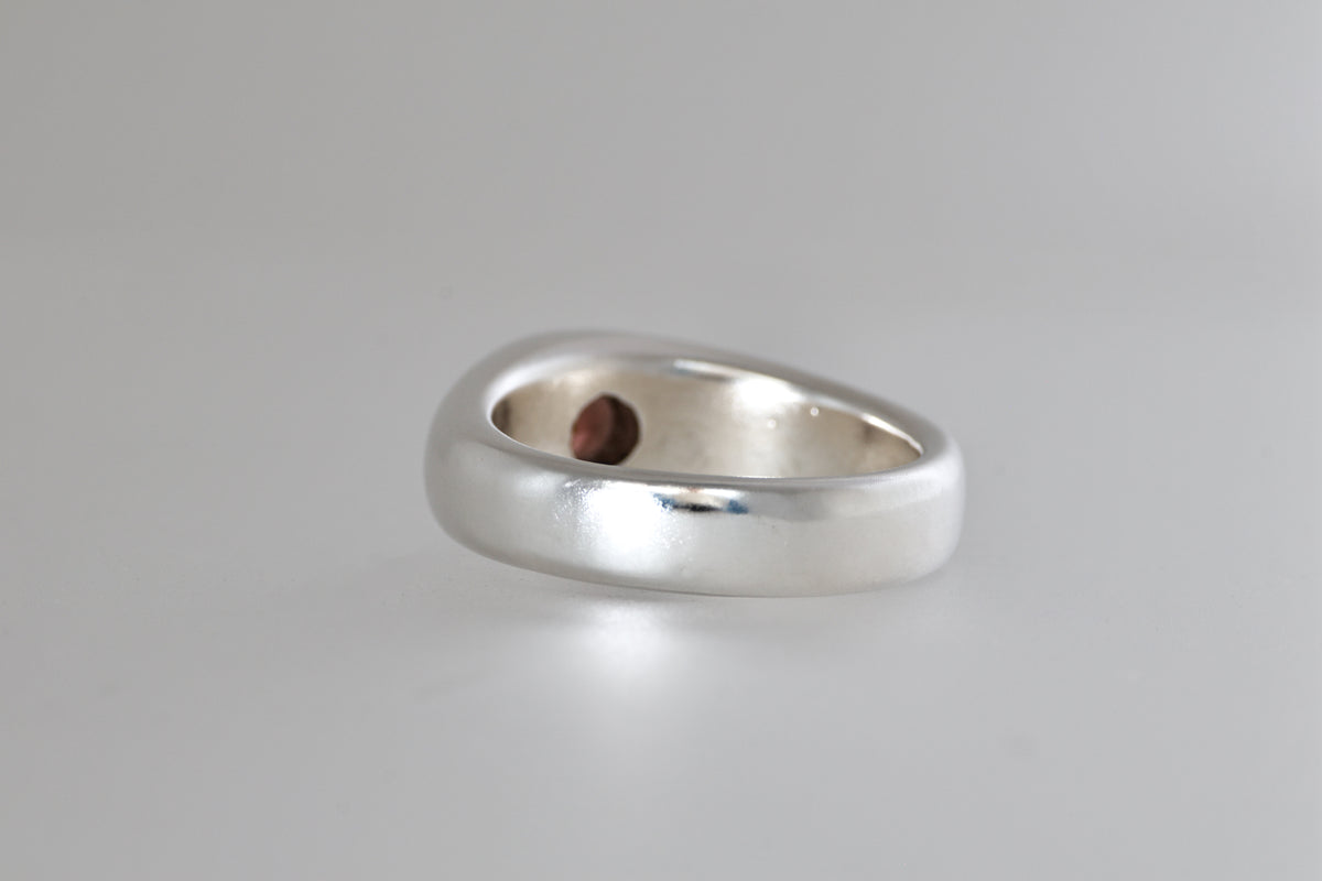 Brushed sterling silver signet ring with red-orange Malaya garnet, view 4